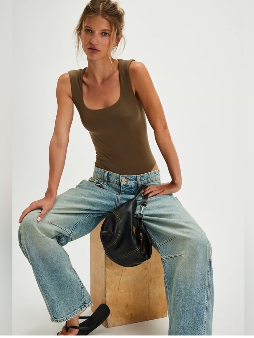 Free People Luna Tencel Square-Neck Bodysuit in military olive